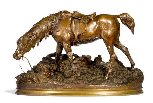 GRANDE JUMENT DE CHASSE AVEC PETIT CHIEN GRIFFON.Darkly patinated bronze, signed P.J.MÊNE. Workshop of P.J. Mêne (1861-1879). 68x31x43 cm.