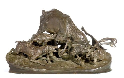 GRANDE CHASSE AU CERF N°1 (CERF ATTAQUÉ PAR QUATRE CHIENS).Darkly patinated bronze, signed P.J. MÊNE. Workshop of Mêne-Cain  (1879-1908). 63x34x39 cm.