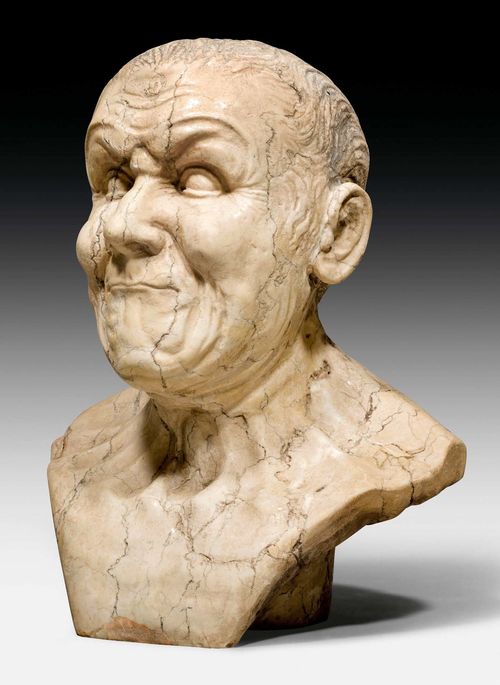 CHARACTER HEAD,after F.X. MESSERSCHMIDT (Franz Xaver Messerschmidt, 1736 Pressburg 1783), German, 19th century. Light stone. Bust of a man with wrinkled face and wavy hair. H 42 cm.