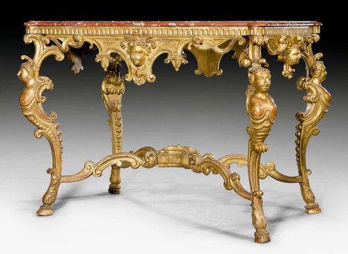 CONSOLE CENTER TABLE "AUX BUSTES DE FEMME",Baroque, Rome circa 1750. Pierced and exceptionally finely carved giltwood. Repaired "Rouge Royal" top. 118x77x94 cm.