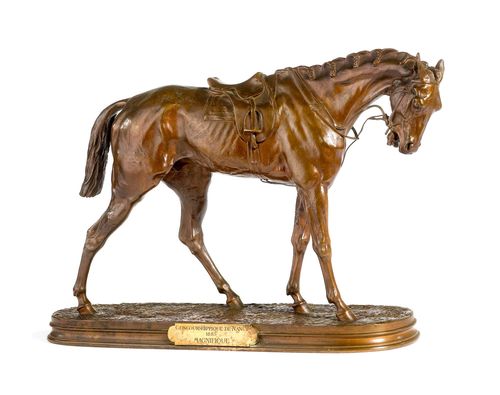 CHEVAL DE COURSE.Brownish bronze, signed P.J. MÊNE. Workshop of Mêne-Cain (1879-1908). 41x14x30 cm.
