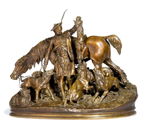 CHASSE EN ÉCOSSE (OU LA PRISE DU RENARD).Patinated bronze, signed PJ MÊNE 1861. Workshop of P.J. Mêne (1861-1879). 57x70x39 cm.