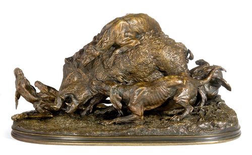 CHASSE AU SANGLIER (SANGLIER PRIS PAR QUATRE CHIENS).Darkly patinated bronze, signed P.J. MÊNE Workshop of P.J. Mêne (1847-1879). 48,5x23x27 cm.