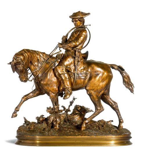 VENEUR LOUIS XVI À CHEVAL.Bronze finished in a reddish patina, signed P.J. MÊNE. 1874. Workshop of  P.J. Mêne (1869-1879). 60x53.5x24 cm.