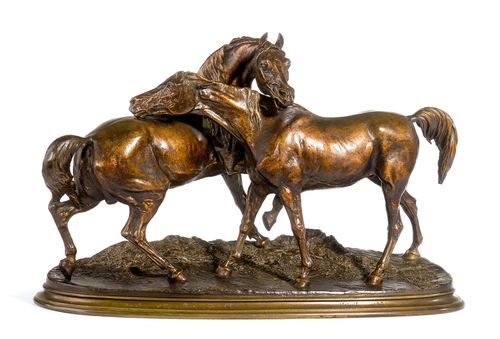 GROUPE DE CHEVAUX ARABES N°2 (ACCOLADE N°2).Bronze finished in a reddish and dark patina, signed P.J. MÊNE. Workshop of P.J. Mêne (1851-1879). 52x21x33.5 cm.