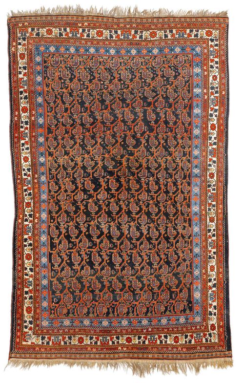 GASHGAI old.The dark blue central field is patterned throughout with Boteh motifs in pink. With a stepped border in white and light blue. Slightly worn, 210x320 cm.