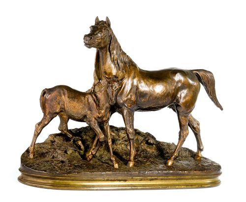 JUMENT NORMANDE ET SON POULAIN.Reddish bronze finished in a dark patina and signed P.J. MÊNE. 1868. Workshop of P.J. Mêne (1868-1879). 60x22.5x45 cm.