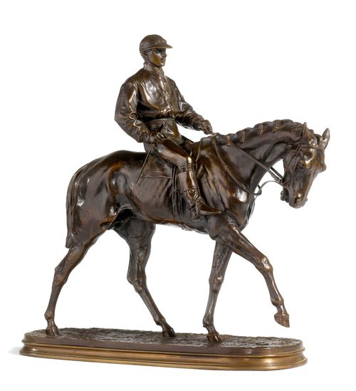 JOCKEY À CHEVAL N°1.Darkly patinated bronze, signed P.J. MÊNE. Edition Susse (after 1908). 42.5x15x43 cm.
