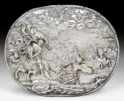 SILVER RELIEF. Probably Augsburg or South Germany circa 1620/30.With 19th century French import stamp. Oval relief depicting the biblical story from Acts of the Conversion of Paul.  With the inscription: SAUL SAUL QUID ME PERSEQUERIS. 24x19 cm. 346 g.