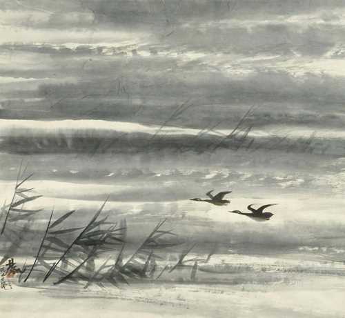 LIN FENGMIAN (1900-1991). Signed, sealed and dated 1950, 65x66,5 cm. Geese against an evening sky. Ink on paper. Framed under glass.
