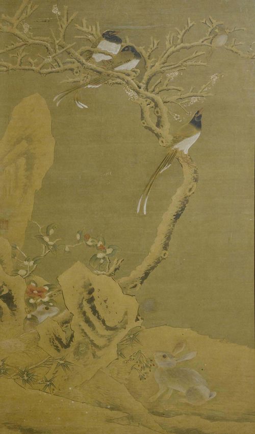 AN ANONYMOUS PAINTING OF RABBITS AND BIRDS IN WINTER. China,  18th c. 148x83 cm. Ink and colour on silk. Laid down on board. Framed under glass.