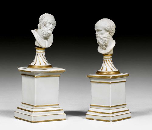 TWO MINIATURE BISCUIT BUSTS OF HOMER AND SOCRATES, Fürstenberg, circa 1780.The models by Carl Gottlieb Schubert. Each on a square, glazed porcelain plinth, heightened in gold. The busts inscribed on back: Homerus No:1 and Sokrates No:1. Underglaze blue F-mark on the underside of one plinth. H 17 cm, 15.5 cm (including plinth). Small chip on one plinth.