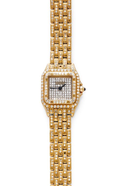 DIAMOND LADY'S WRISTWATCH, CARTIER PANTHÈRE, 1990s. Yellow gold 750. Diamond-set lunette and case No. 86691114672, decorated with ca. 78 diamonds weighing ca. 0.80 ct. Pavé-set diamond dial with gold -coloured hands. Quartz movement, Cal. 66, signed. Gold band set throughout with numerous diamonds weighing ca. 2.50 ct, fold-over clasp.