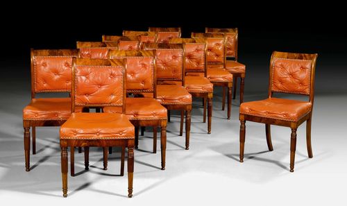 SET OF 12 DINING CHAIRS, Victorian, England, mid-19th century. Mahogany. With buttoned, cognac-colored leather cover. Some losses.