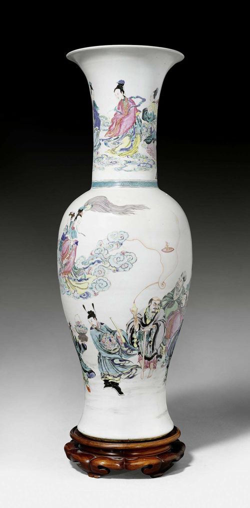 A LARGE FAMILLE ROSE PHOENIX TAIL VASE DEPICTING THE EIGHT IMMORTALS. China, Yongzheng period, height 78 cm. Minor rim restorations.