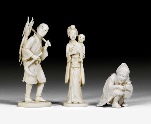 THREE OKIMONO OF A JUGGLER, A WOMEN WITH A CHILD AND A MAN WITH LOTUS ROOT. Japan, Meiji period, height 7, 13 and 14 cm.