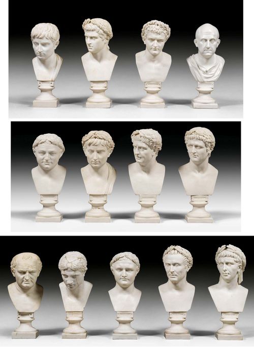 12 SMALL BISCUIT BUSTS OF ROMAN PORTRAYALS AFTER ANTIQUE DESIGNS,Italy, circa1900. Portraying the Emperors Augustus and Vespasian, the general and statesman Scipio Africanus and an Apollo, 'G.Cesare', 'Otone', 'Domiziano', the bust of Caligula untitled, 'Augusto', 'C.Caligola', 'Vitellio', 'Galba', 'Claudio'. H 19 and 20 cm. The bases are glued, or restored, the bust of Apollo fully glued. (12)