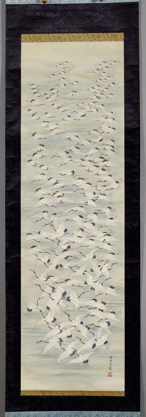 A KAKEMONO SHOWING FLYING CRANES. Japan, Meiji- Period, 121x35 cm. Ink and color on silk. Signed Kô Ryôsha with seal.