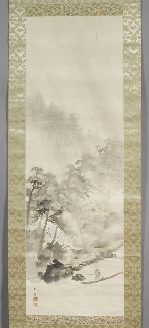 A HANGING SCROLL ATTRIBUTED TO KAWABATA GYOKUSHO (1842-1913). 107x35 cm. Ink and light colours on silk. Landscape in the rain. Mounted in brocade.