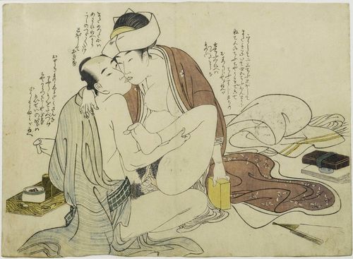 A SHUNGA WOODCUT PRINT BY AN ARTIST OF THE UTAMARO SCHOOL. Around 1800. A single chuban-page of a book. Framed under glass.