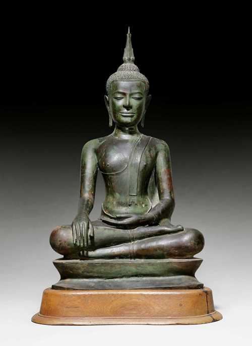 AN EXCEPTIONALLY FINE BRONZE FIGURE OF BUDDHA IN MARAVIJAYA POSITION. Thailand, U-Thong, 14th c. Height 74 cm. Dark green patina.