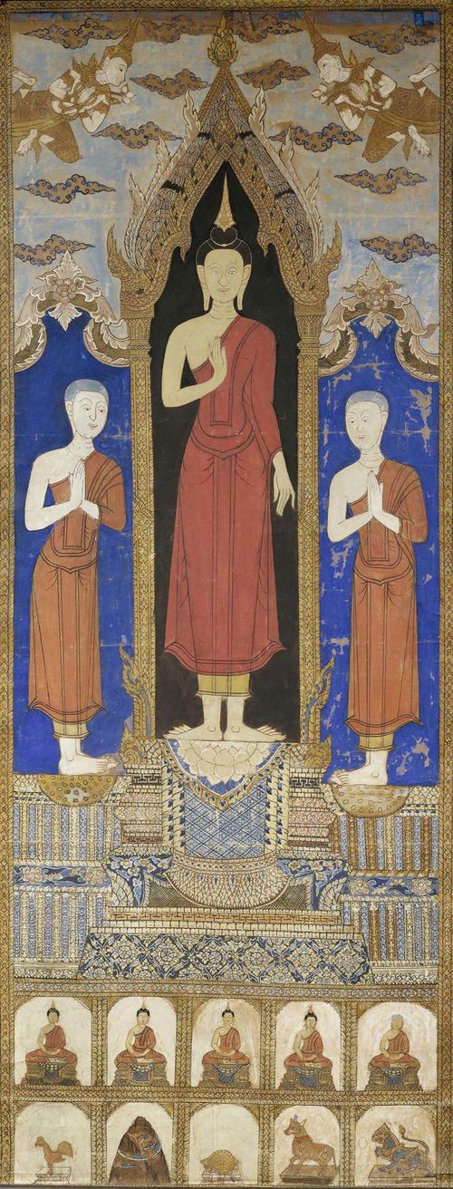A LARGE PAINTING OF BUDDHA WITH HIS TWO FAVOURITE DISCIPLES. Thailand, around 1900, 227x89 cm. Gouache on canvas.