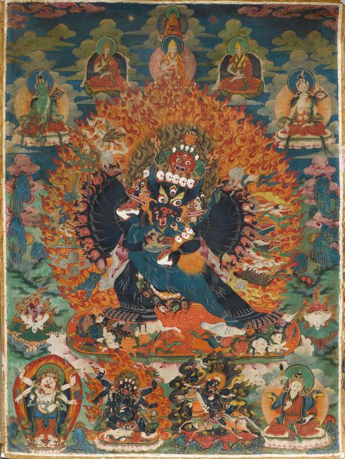 A THANKA OF VAJRABHAIRAVA YAMANTAKA. Tibet, 18th/19th c. 64x46 cm. Partly restored.