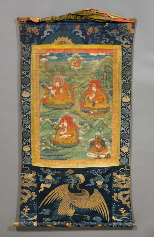 A THANKA OF THREE HIGH RANKING GELUG-LAMAS. Tibet, 18th c. 73x49 cm. Fine brocade mounting.