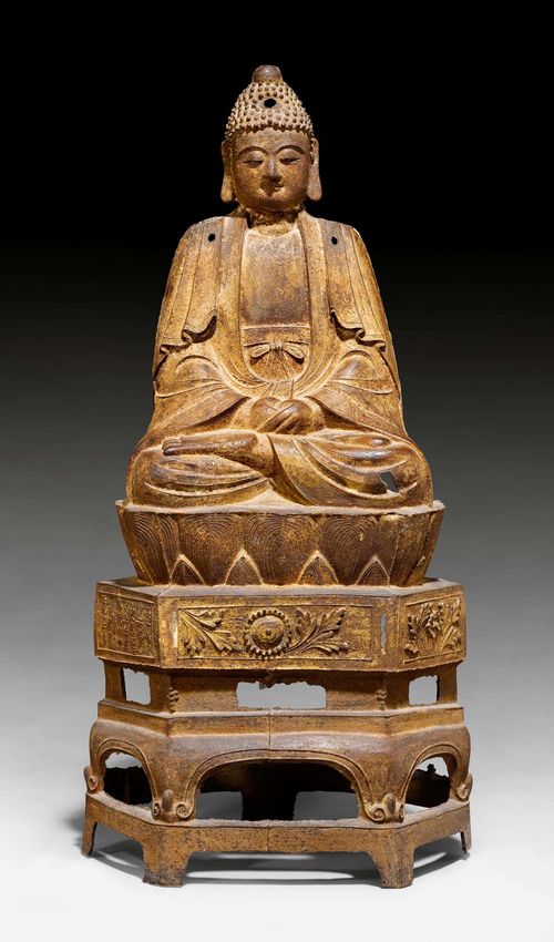 A CAST IRON SEATED FIGURE OF BUDDHA. China, Ming dynasty, dated 16th year of Zhengde (1521), height 104 cm.