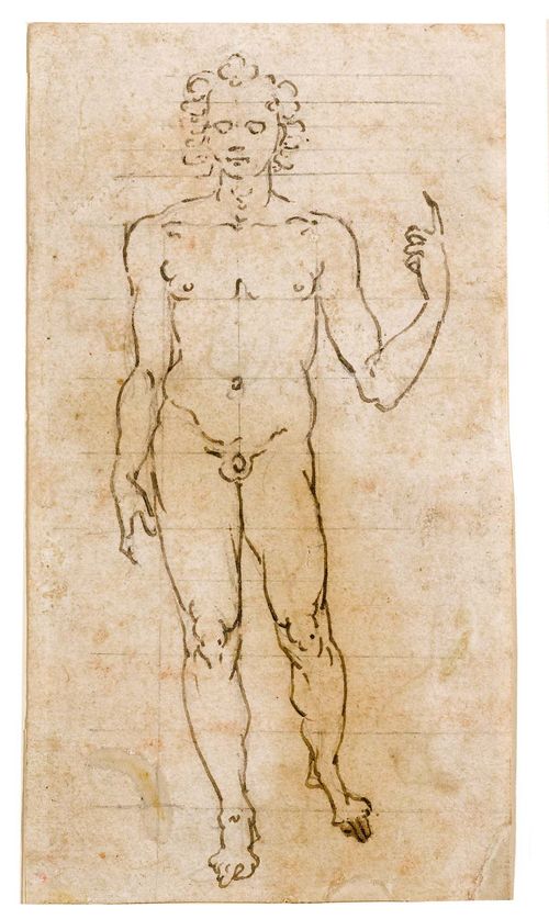 FLORENCE, 15TH CENTURY Study of male proportions. Verso study of feet. Brown pen over black chalk. Line structure in black chalk. 16 x 8.8 cm.