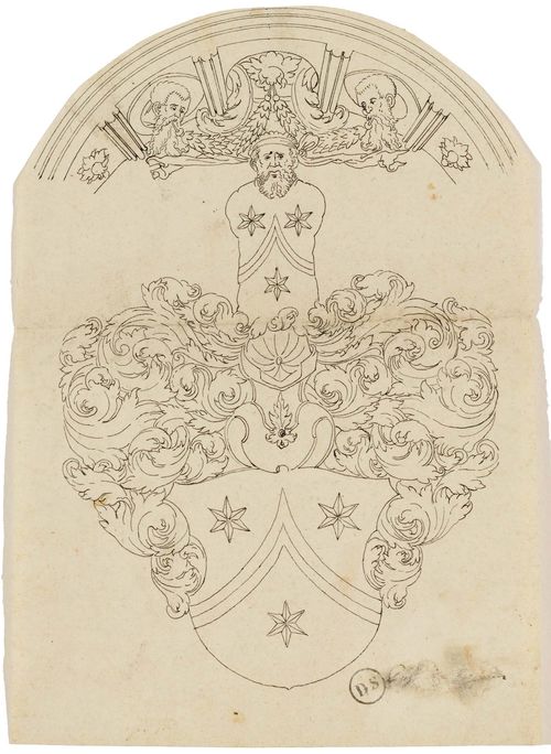 SWISS SCHOOL, END OF THE 16TH CENTURY Unknown coat of arms with rich helmet decoration below arch segment. Black pen. 30.5 x 21.3 cm. Provenance: -collection of D.Schindler (circa 1600), Lugt 793