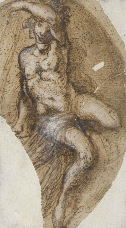ITALIAN SCHOOL, 17TH CENTURY Study of a boy seated Pen and brush in brown, heightened in white. 19.7 x 12.6 cm (uneven). Framed.