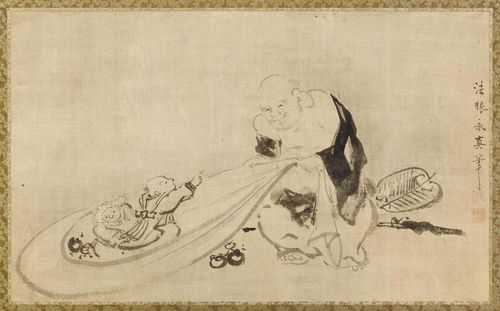 A PAINTING OF HOTEI ATTRIBUTED TO KANO YASUNOBU (1613-1685). Japan, Edo period, 38.5x63.5 cm. Ink on paper. Signed: Hôgen Eishin hitsu". Two seals. Framed with brocade border.