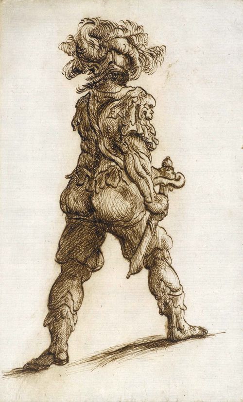 DUTCH SCHOOL, 17TH CENTURY Warrior with feathered head gear and sword. Pen in brown. 27.5 x 17 cm. Framed.
