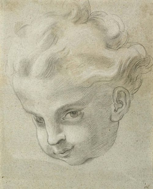 VENETIAN SCHOOL, 18TH CENTURY Head of a boy. Black chalk on grey hand-made paper, heightened in white. 21.7 x 19.3 cm. Framed. Provenance: -collection of D.F.Platt (1873-1938), Englewood, Lugt 750a and 2066b