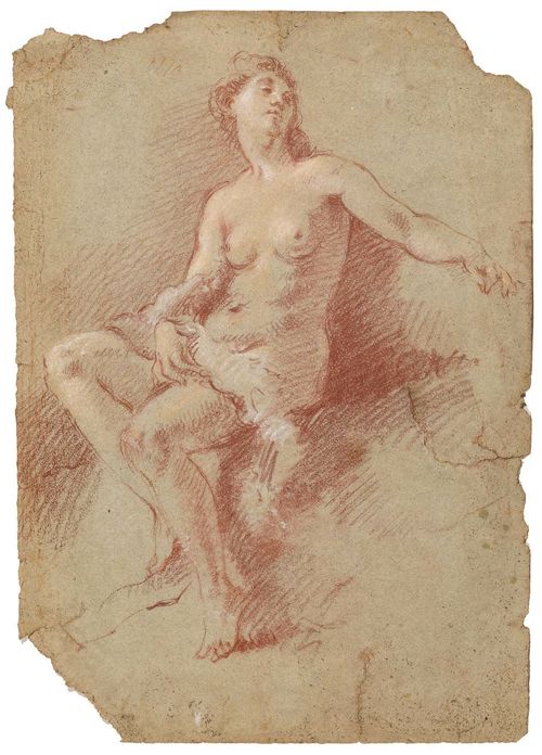 VENETIAN SCHOOL, 18TH CENTURY Female nude. Red chalk drawing, heightened in white. 34.8 x 25 cm. Framed.