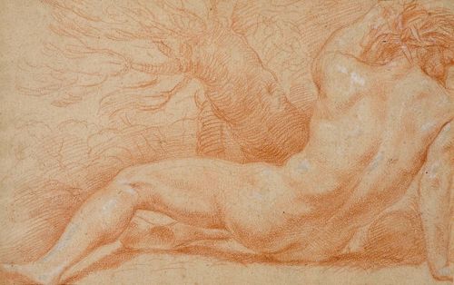 HAID, JOHANN LORENZ (Eislingen 1702 - 1750 Augsburg) Male nude from the back in a landscape. Verso: Male nude studies. Red chalk drawing, heightened in white. 27.5 x 43 cm. Gold frame.