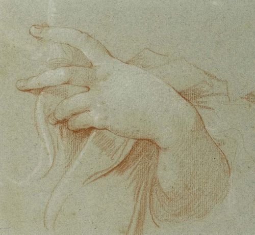 FRENCH SCHOOL, 18TH CENTURY Two studies of hands: 1. hand resting, slightly opened. 2. hand with cloth. Red chalk heightened in white. On blue hand-made paper. 15 x 16.3 cm and 11.2 x 16 cm. Framed together.