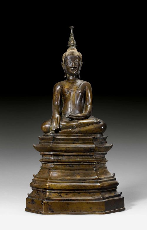 A BRONZE FIGURE OF THE SEATED BUDDHA. Laos, 17th c. height 80.5 cm.