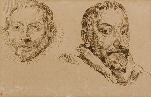 DELACROIX, EUGÈNE (Charenton-Saint Maurice 1798 - 1863 Paris) Two male heads, after Peter Paul Rubens. Brown pen. Stamped lower right: E.D. 13.5 x 20.5 (image). Framed. Provenance: - Sale of the estate of Eugene Delacroix, Paris, 17. Feb. 1864, Lugt 838
