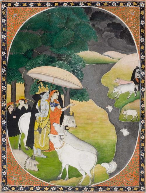 A MINIATURE PAINTING OF KRISHNA AND RADHA GIVNG SHELTER. India, Kangra, circa 1820, 23.8x17.8 cm. Restored.