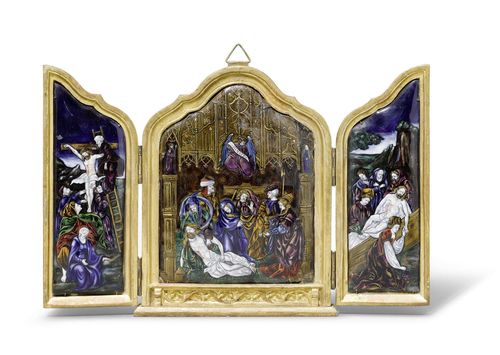 ENAMEL TRIPTYCHON, in the style of the 16th century, probably Edme Samson, 19th century. Enamel painting, heightened in gold. The central panel depicts The Lamentation of Christ with Mary Magdalene, John and 2 guards. The side wings depicting The Descent from the Cross and The Entombment of Christ. The central panel with several repairs and some losses. Later frame. H 23 cm. W open 36 cm, closed 19 cm. Lit.: F. Slitine, Samson génie et l'imitation, Paris 2002; page 24 ff. (with depictions of analogue examples).