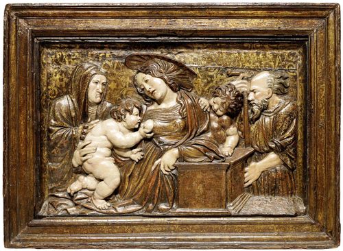RELIEF OF THE HOLY FAMILY, Renaissance, attributed to D. SILOE (Diego de Silo&#233;, Burgos 1495-1563 Granada), Spain, 16th century. Wood, carved in relief and painted. Mary nursing the Christ Child, flanked by Joseph, John as a Child and Anne. In a shaped wood frame. Original, virtually untouched paint. 65x90 cm. Provenance: private collection, Lugano. Expertise: Prof. Ferdinando Bologna, Rome, 27 July 1976.