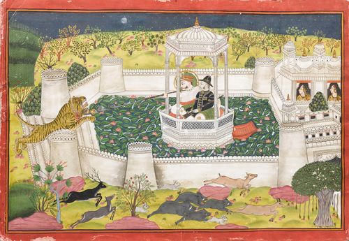 A LARGE MINIATUR PAINTING OF A NOCTURNAL TIGER HUNT. India, Rajasthan 19th c. 43x66 cm. Colours and gold on paper.