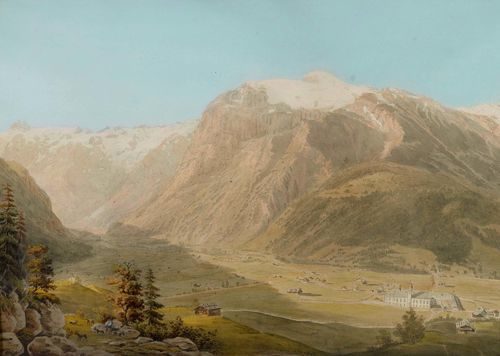 CANTON OF OBWALDEN-Anonymous, 1811. View of Engelberg. Watercolour, 34 x 48 cm. Old inscription (unidentified) and date in pencil on lower edge of sheet: 1811. Gold frame.