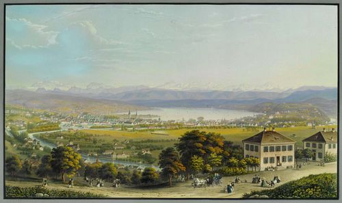 ZURICH.-Burri del., Hurlimann,sc. Zurich prise depuis la Weid, Coté du Nord, um 1847. Â Zurich chez l'Editeur H.F.Leuthold. Aquatint etching with original colour, 33 x 56.5 cm. Gold frame. - With broad, grey gouached margin.  -  1st state before the 1855 monumental railway bridge. - Slightly browned in upper area of picture, otherwise in very good condition. - Rare. - Literature: Brun II, p.100.