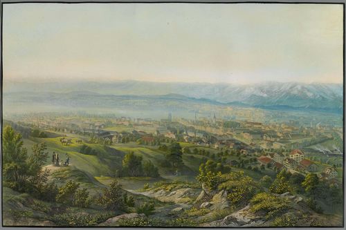 ZURICH.-View of Zurich with the lake and Alpine panorama, circa  1840. Aquatint etching with original colour, 39 x 61.5 cm. With black outer line and grey gouached margin. Gold frame. - Slight even browning in upper area of image. Overall in good condition.