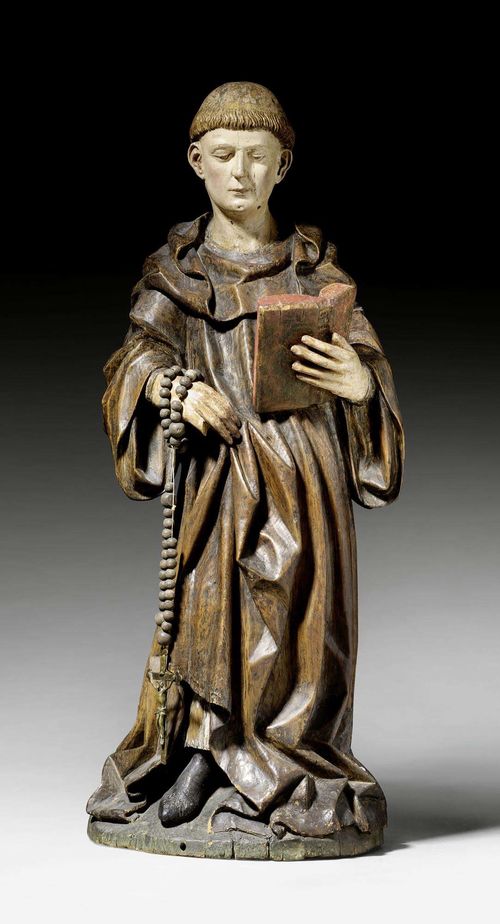 MONASTIC SAINT, probably Saint Leonhard, late Gothic, southern Germany ca. 1450. Carved wood, verso hollowed and with remains of paint. 1 finger incomplete. Some losses. Right hand probably replaced. H 95 cm. Provenance: private collection, Switzerland.