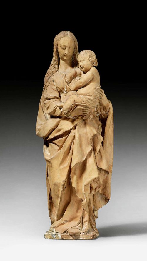 MADONNA AND CHILD, Baroque, attributed to J. CARDON (Johannes Cardon, 1614 Antwerp 1656), the underside dated 1638. Terracotta hollowed verso. Child's head glued, restoration to the cloak and base. Traces of paint. H 39 cm. Provenance: private collection, Switzerland.