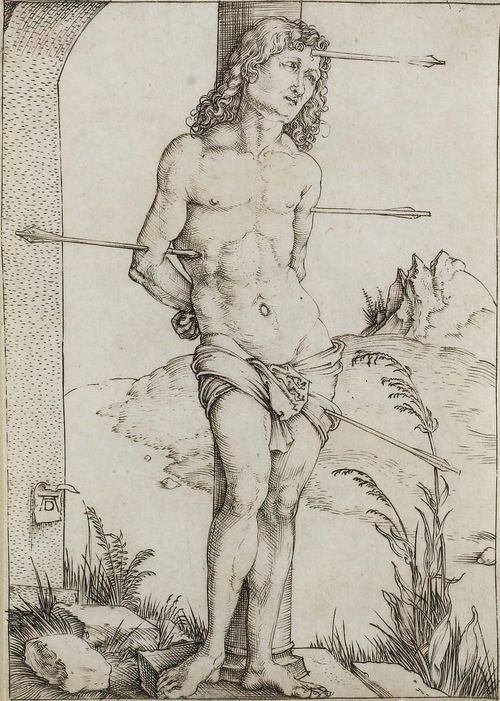 DÜRER, ALBRECHT (1471 Nuremberg 1528).St. Sebastian at the column, circa 1498/99. Copper engraving, 10.6 x 7.5 cm. Bartsch 56; Meder 61I (of IIb). Framed. - Silvery, clear impression of the early 1st state. With fine margin around the edge. In spotless fresh condition.
